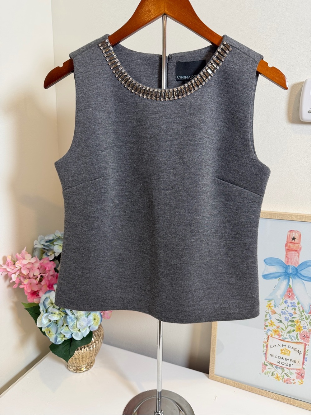 NWT Cynthia Rowley Gray Jewel Embellished Neckline Knit Top S